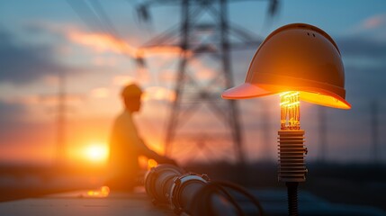 Silhouette of a technician working on electrical systems at twilight, combined with double exposure of advanced machinery, illustrating their hard work and technological progress Illustration, Image,
