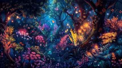 illustration of a whimsical forest scene, filled with detailed flora and fauna