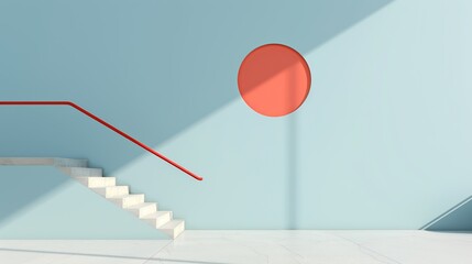 Architectural detail of a sleek, minimalist staircase in a colorful commercial building, emphasizing modern design and functionality. Illustration, Image, , Minimalism,