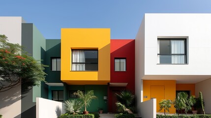 Obraz premium Exterior view of a residential complex with simple, yet colorful facades and green landscaping, offering a harmonious blend of urban living and nature. Illustration, Image, , Minimalism,