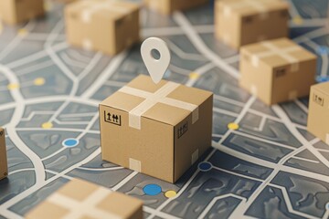 Location pin floating above a package in a cardboard box above a road map