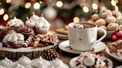 Festive holiday table with hot cocoa and Christmas treats