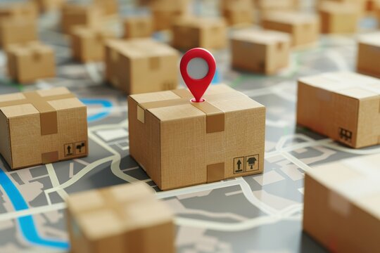 Red location pin floating above a package in a cardboard box above a road map