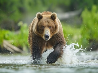 Grizzly bear emerging from water, splashing