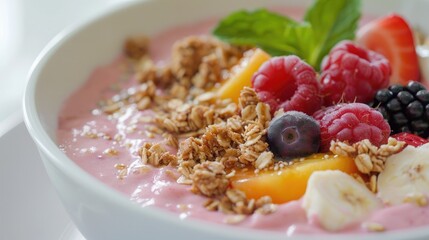 Freshly made smoothie bowl topped with fruits and granola