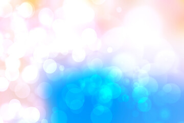 Abstract blurred fresh vivid spring summer light delicate blue yellow white bokeh background texture with bright circular soft color lights. Beautiful backdrop illustration. Space.