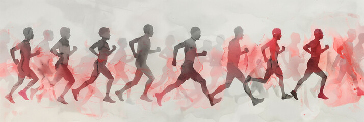 A watercolour group of silhouettes showing running men in pink and gray colors