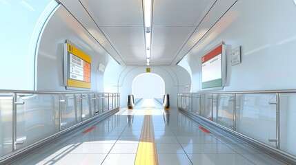 Architectural perspective of a futuristic transportation hub with uncomplicated design and colorful signage, facilitating efficient travel. Illustration, Image, , Minimalism,