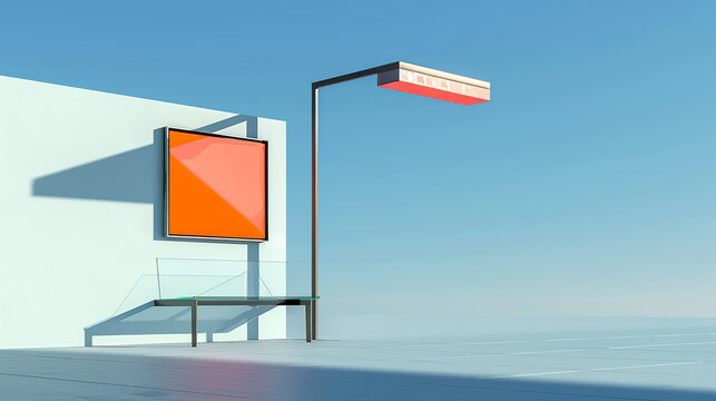 Architectural perspective of a futuristic transportation hub with uncomplicated design and colorful signage, facilitating efficient travel. Illustration, Image, , Minimalism,