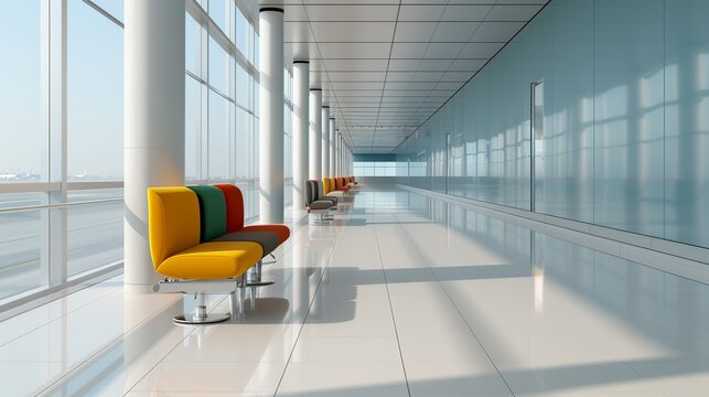 Architectural perspective of a modern airport terminal with uncomplicated design and colorful seating areas, enhancing the passenger experience. Illustration, Image, , Minimalism,