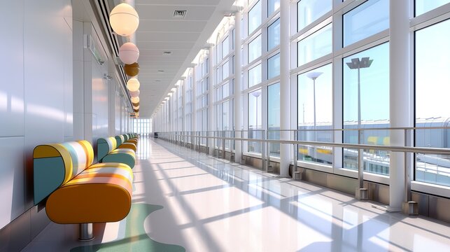 Architectural perspective of a modern airport terminal with uncomplicated design and colorful seating areas, enhancing the passenger experience. Illustration, Image, , Minimalism,
