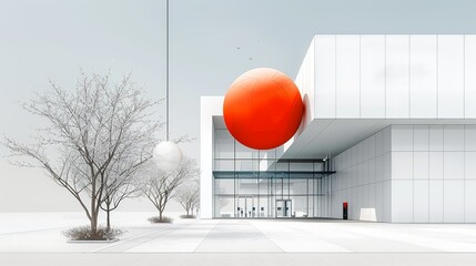 Architectural perspective of a modern civic center with uncomplicated design and colorful public spaces, supporting community engagement. Illustration, Image, , Minimalism,