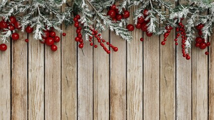 Christmas wooden background with fir branches and red berries 3d render illustration