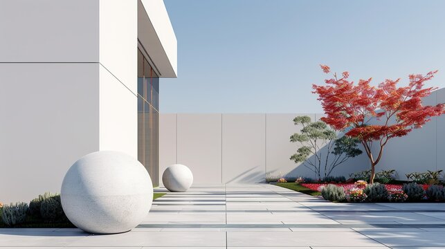 Architectural perspective of a modern office plaza with uncomplicated design and colorful landscaping, fostering a dynamic work environment. Illustration, Image, , Minimalism,