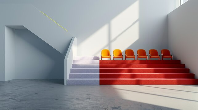 Architectural perspective of a modern sports arena with uncomplicated design and colorful seating, enhancing the spectator experience. Illustration, Image, , Minimalism,