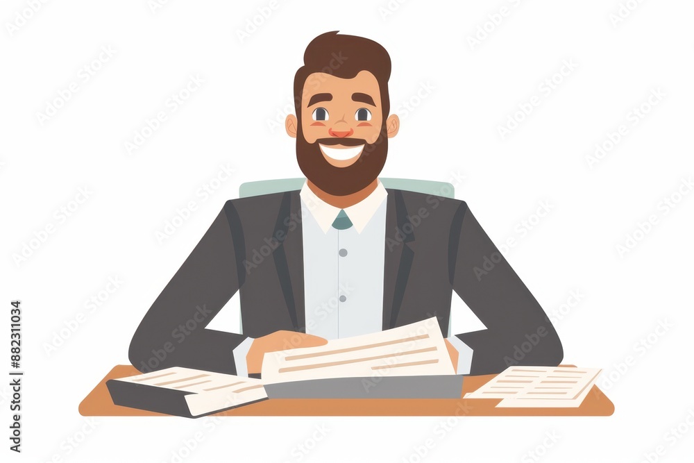 Poster a man is sitting at a table with several paper documents in front of him this flat design illustrati
