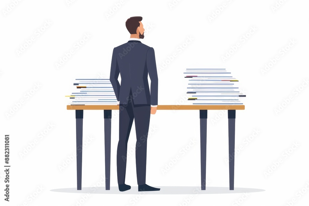 Poster a man in a suit is standing at a table with several papers on it generative ai