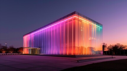 Exterior of a cultural institution with modern architecture and colorful exterior lighting, hosting vibrant cultural events. Illustration, Image, , Minimalism,