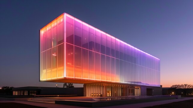 Exterior of a cultural center with modern architecture and colorful exterior lighting, celebrating diversity and creativity. Illustration, Image, , Minimalism,