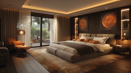 Cozy modern bedroom with elegant lighting, large bed, armchair, and scenic balcony view for comfort and relaxation.