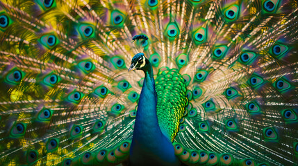 Obraz premium A close-up of a peacock's vibrant blue tail feather showcases its stunning, eye-catching patterns.