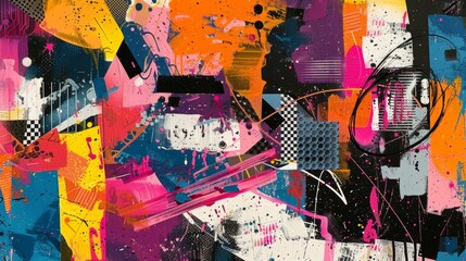 Fototapeta premium modern art decor, unique chaos collage print featuring vibrant colors and abstract shapes adds an exciting touch to your room decor
