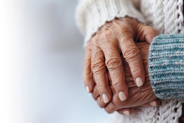 Close up of elderly affectionate woman covering wrinkled hands of mature husband, showing love and support