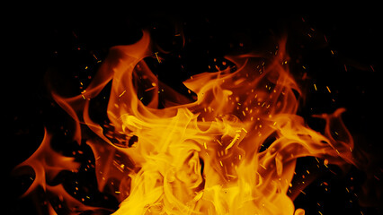 Fototapeta premium Burning realistic fire flames isolated on black, creating intense heat and radiant light.