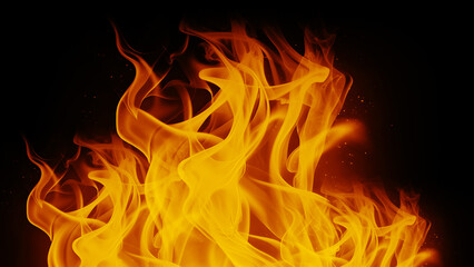 Fototapeta premium Radiant realistic fire flames isolated on black background, intense and glowing.