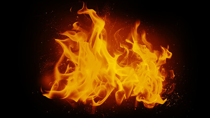 Fototapeta premium Realistic fire flames on black background, hellish scene with intense heat.