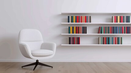 Interior of a contemporary bookstore with minimalist shelving and colorful book displays, creating an inviting atmosphere for readers. Illustration, Image, , Minimalism,