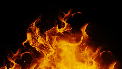 Fototapeta premium Realistic fire flames on dark texture, creating a vivid and powerful display.