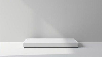 Abstract white round stand for product presentation on white background, empty room with shadows on podium, blurred background for product display