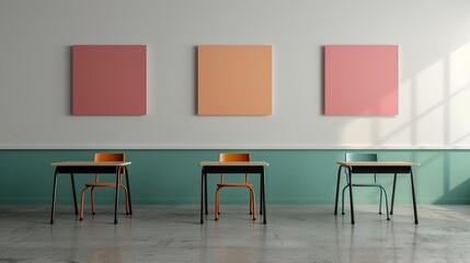 Interior of a contemporary classroom with simple desks and colorful educational displays, enhancing the learning environment. Illustration, Image, , Minimalism,