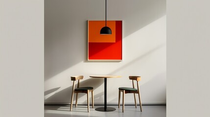 Interior of a minimalist restaurant with simple furnishings and colorful artwork, creating an inviting dining experience. Illustration, Image, , Minimalism,