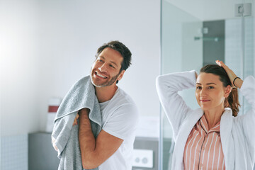 Couple, getting ready and happy in bathroom for morning routine with skincare, grooming and...