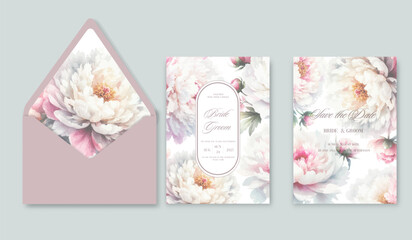 Watercolor wedding invitation template set with romantic floral peony flowers.
