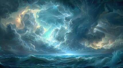 Sunlight breaking through storm clouds at sea