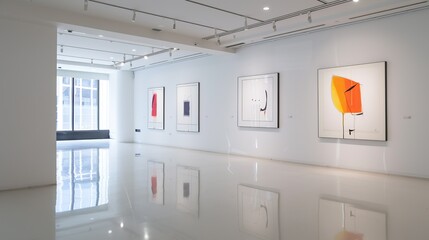 Interior of a modern art gallery with clean walls and colorful artworks, reflecting simplicity and artistic vibrancy. Illustration, Image, , Minimalism,