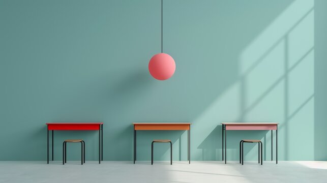 Interior of a modern classroom with simple desks and colorful educational materials, promoting an engaging learning environment. Illustration, Image, , Minimalism,