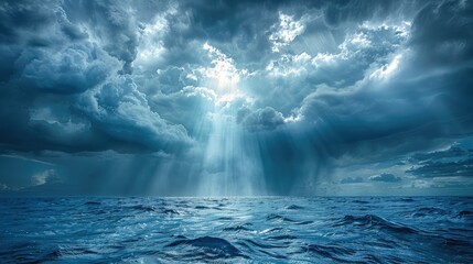 Sunlight breaking through storm clouds at sea