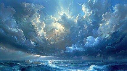 Sunlight breaking through storm clouds at sea