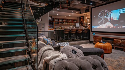 An inviting party room in the basement with a stylish bar, glass rail stairs, a large movie screen, a plush grey sofa, and eclectic bohemian decor for an enjoyable gathering space.