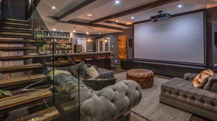 An inviting party room in the basement with a modern bar, glass rail stairs, a large movie screen, a plush grey sofa, and eclectic bohemian decor for an enjoyable gathering space.