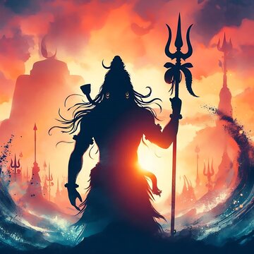 A silhouette of lord shiva standing a with Trident against a sunset background