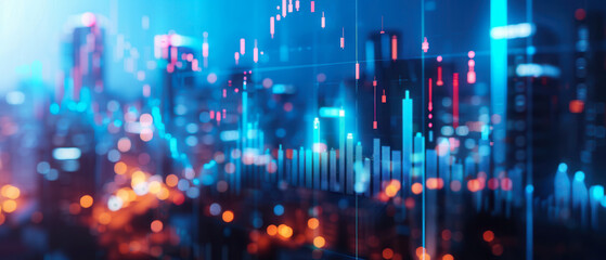 stock market background with blue sky and skyscrapers, double exposure of financial graph up trend on stock exchange trading board or chart for business concept.