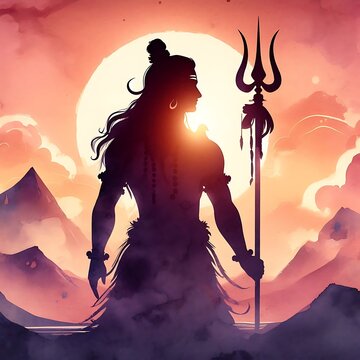 A silhouette of lord shiva standing a with Trident against a sunset background