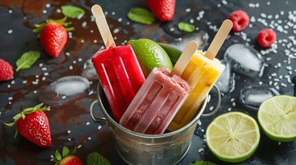 Ice popsicle ice cream in the bucket on red lime and brown background