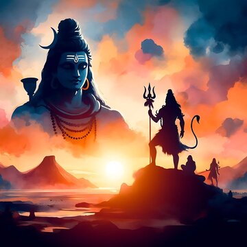 A silhouette of lord shiva standing a with Trident against a sunset background
