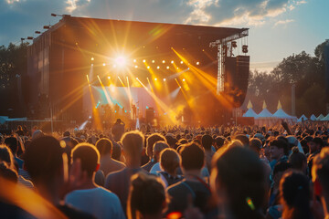 Outdoor music concert at sunset celebrating international music day.